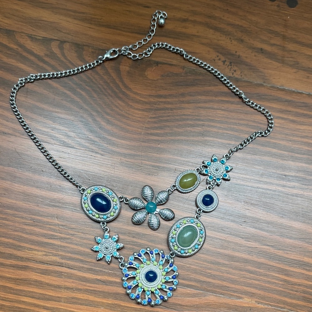 Bohemian Blue & Green Gemstone Flower Statement Necklace